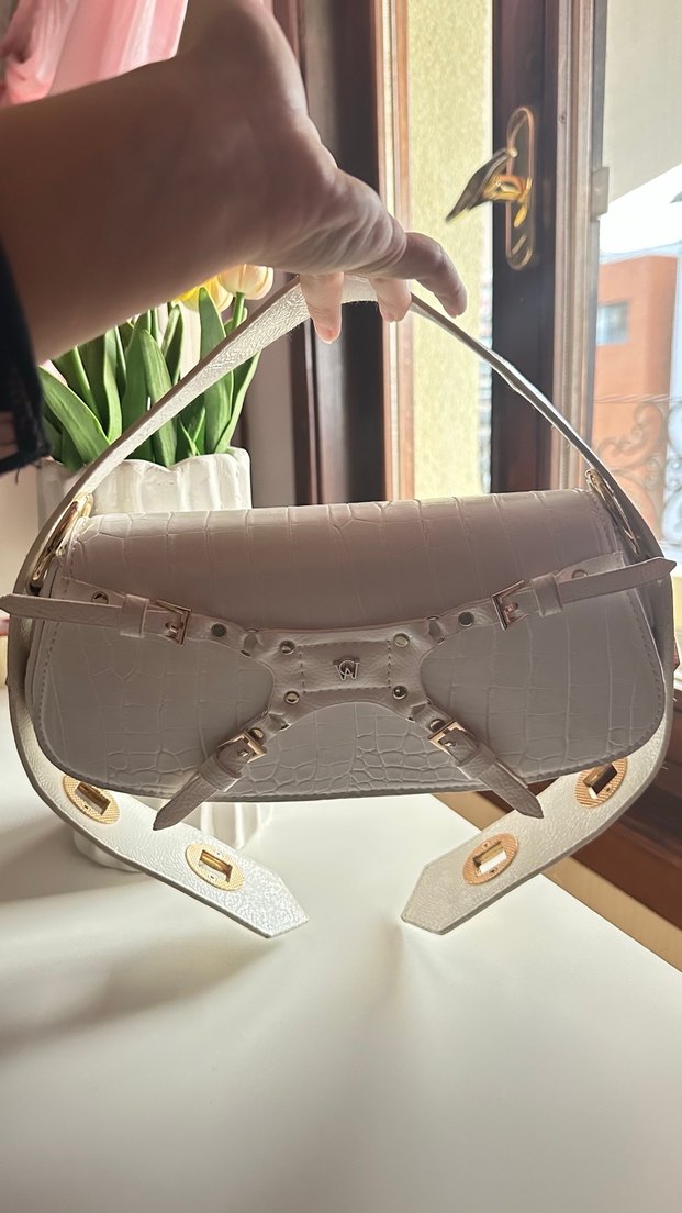 MANC Beyaz Deri Yılan Desenli Kemerli Kadın Çanta - Görsel 5