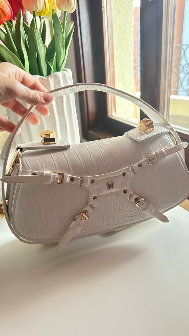 MANC Beyaz Deri Yılan Desenli Kemerli Kadın Çanta - Görsel 2