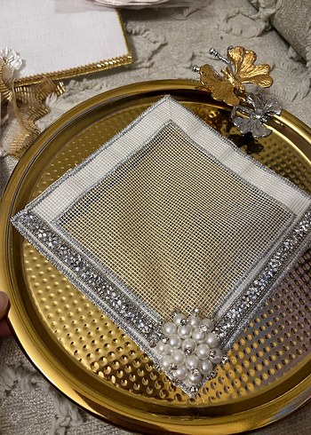 İnci İşlemeli Beyaz Düğün Peçetesi - Görsel 5