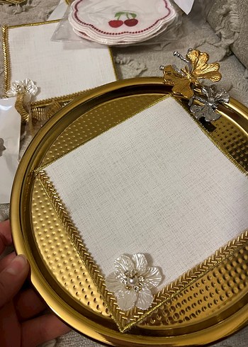 İnci İşlemeli Beyaz Düğün Peçetesi - Görsel 4