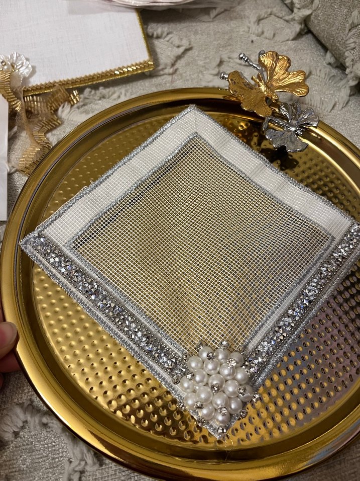 İnci İşlemeli Beyaz Düğün Peçetesi - Görsel 5