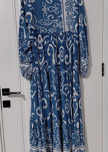 Bohem Uzun Kollu V Yaka Mavi Elbise - Görsel 3