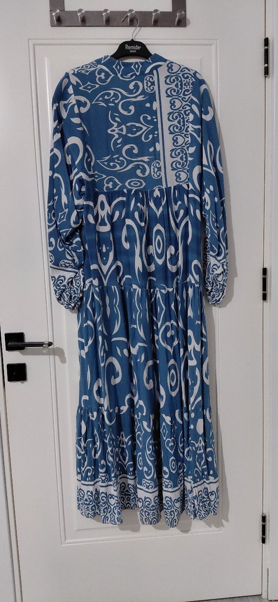 Bohem Uzun Kollu V Yaka Mavi Elbise - Görsel 3