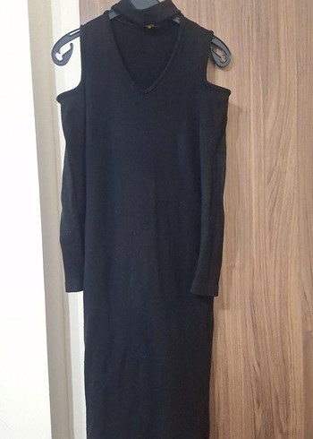 Siyah V Yakalı Uzun Kollu Uzun Elbise - Görsel 4