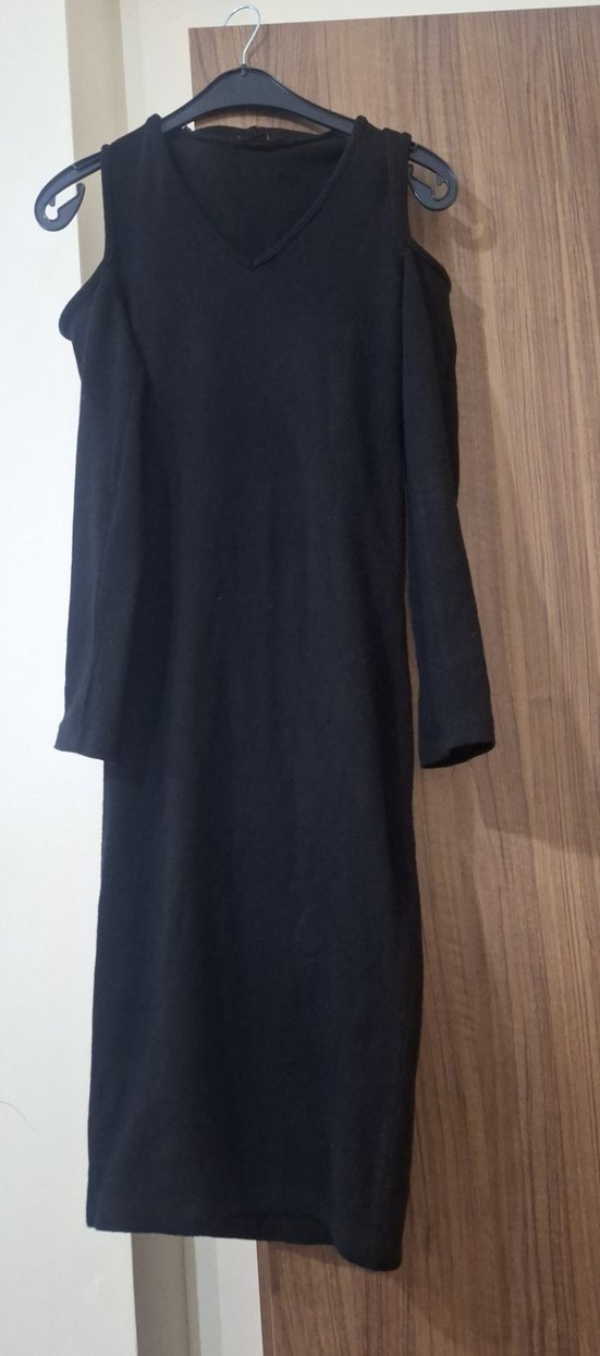 Siyah V Yakalı Uzun Kollu Uzun Elbise - Görsel 2