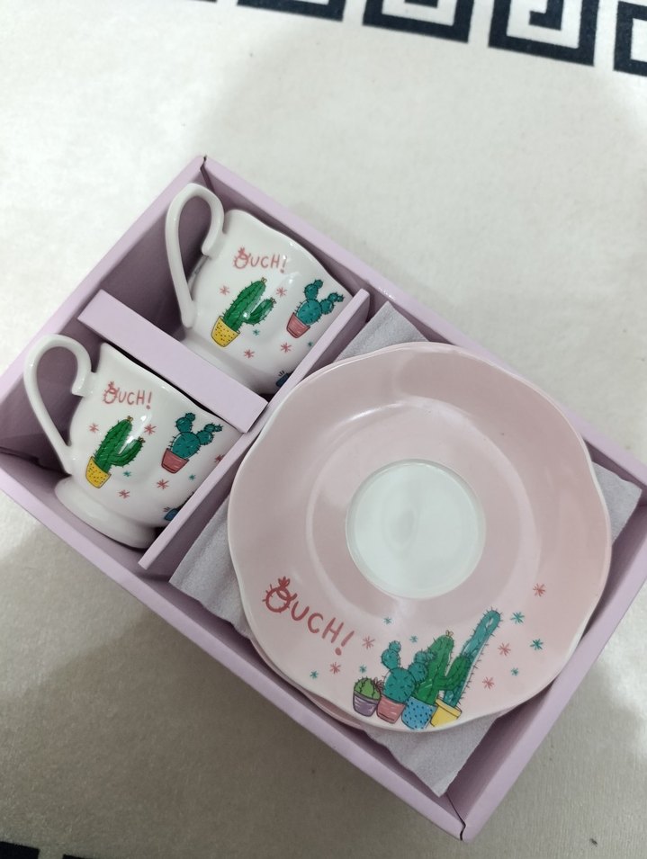 Pembe Kaktüs Desenli Porselen Fincan ve Tabağı - Görsel 3