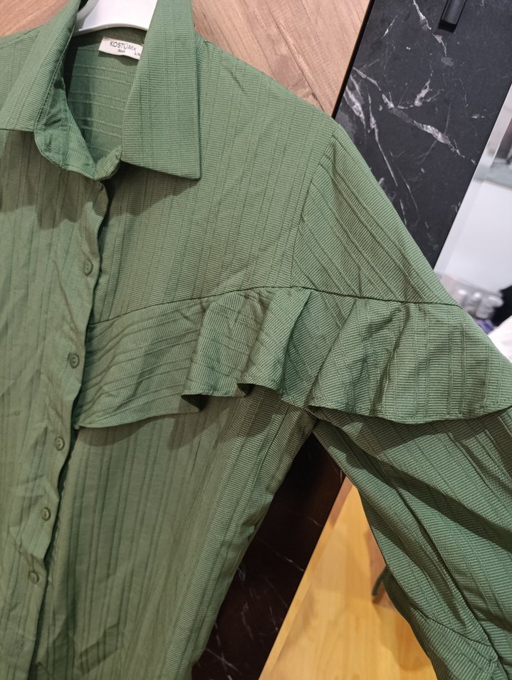 Haki Uzun Kollu Düğmeli Keten Gömlek - Görsel 2