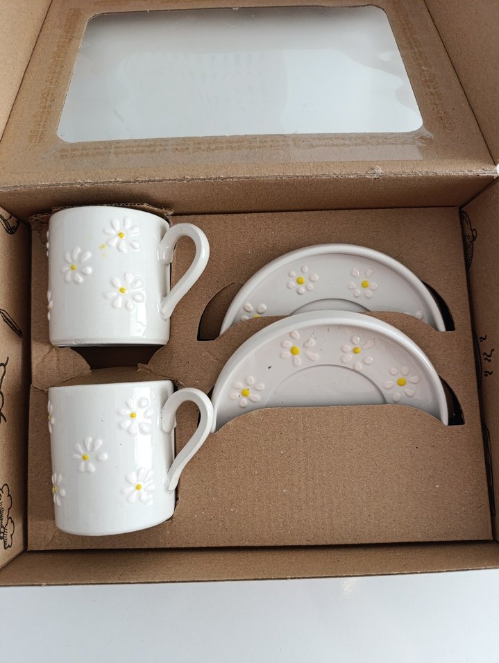 Beyaz Papatya Desenli Seramik Fincan ve Tabak - Görsel 2