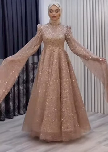 Bej Uzun Kollu İşlemeli Abiye Elbise