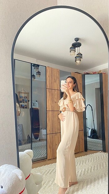 s Beden camel Renk Fırfır detaylı Tulum