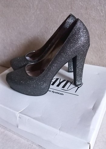 Diğer Gri Simli Stiletto Topuklu Kadın Abiye Ayakkabı 10 cm topuk..