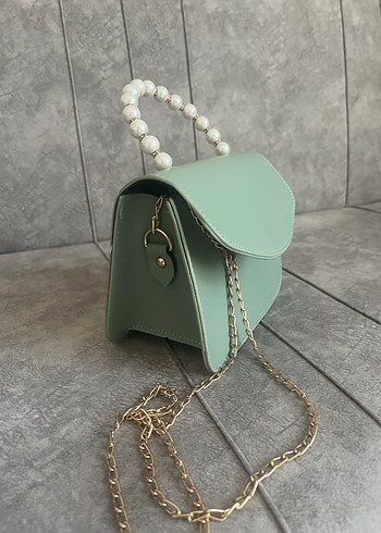 İnci Saplı Turkuaz Deri Çanta - Görsel 2