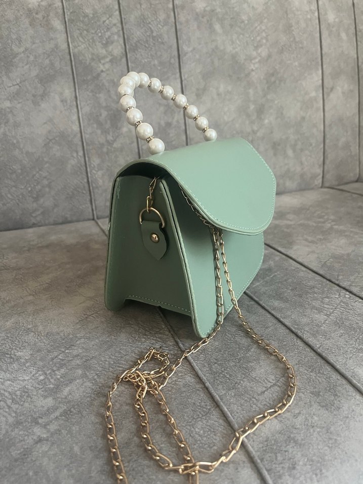 İnci Saplı Turkuaz Deri Çanta - Görsel 2