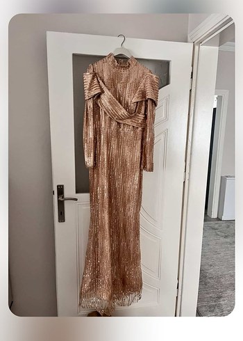 Bej İşlemeli Uzun Kollu Uzun Abiye Elbise - Görsel 2