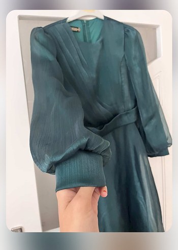 Kadın Yeşil Uzun Drapeli V Yaka Elbise - Görsel 2