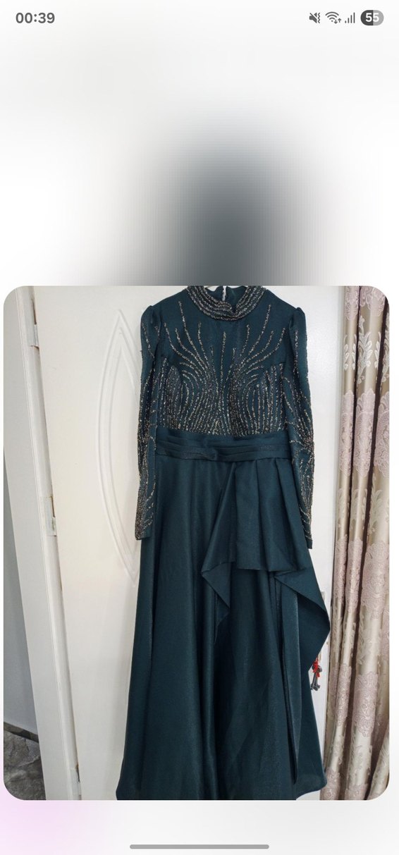 Yeşil İşlemeli Uzun Kollu Abiye Elbise - Görsel 2