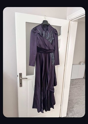 Mor Drapeli Uzun Kollu Kadın Abiye Elbise - Görsel 2