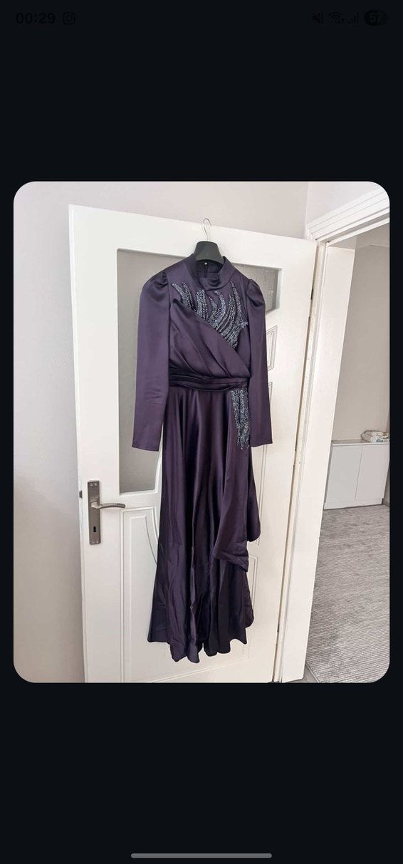 Mor Drapeli Uzun Kollu Kadın Abiye Elbise - Görsel 2