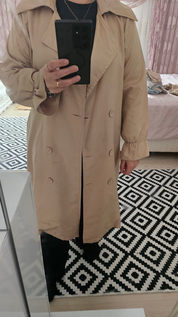 Bej Uzun Keten Kadın Trençkot - Görsel 2