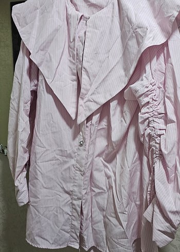 Pembe Keten Kadın Gömlek, Fırfırlı, Uzun Kollu - Görsel 3