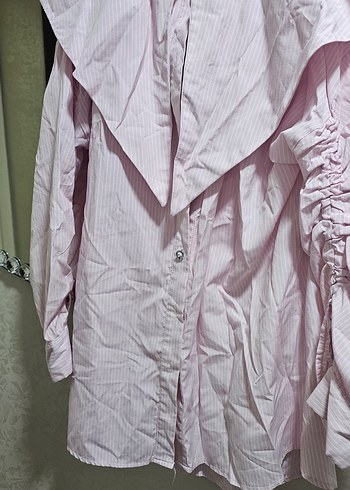 Pembe Keten Kadın Gömlek, Fırfırlı, Uzun Kollu - Görsel 2