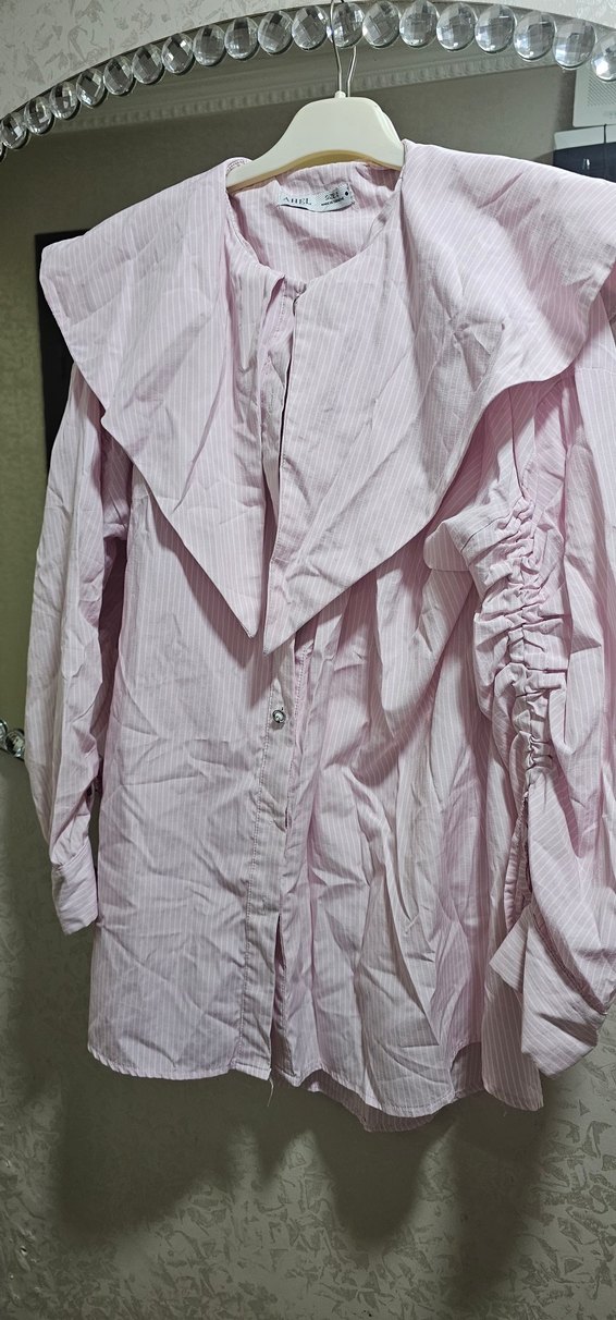 Pembe Keten Kadın Gömlek, Fırfırlı, Uzun Kollu - Görsel 3