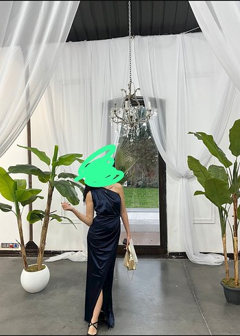 Saten Lacivert Drapeli Tek Omuz Uzun Abiye - Görsel 2