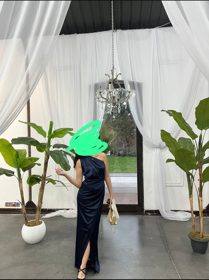 Saten Lacivert Drapeli Tek Omuz Uzun Abiye - Görsel 2