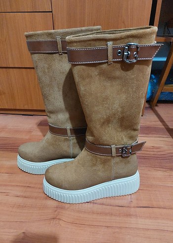 Bej Süet Kadın Dolgu Topuklu Çizme - Görsel 5