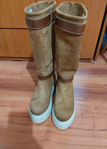 Bej Süet Kadın Dolgu Topuklu Çizme - Görsel 6