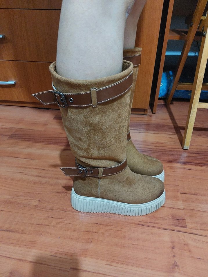 Bej Süet Kadın Dolgu Topuklu Çizme - Görsel 2