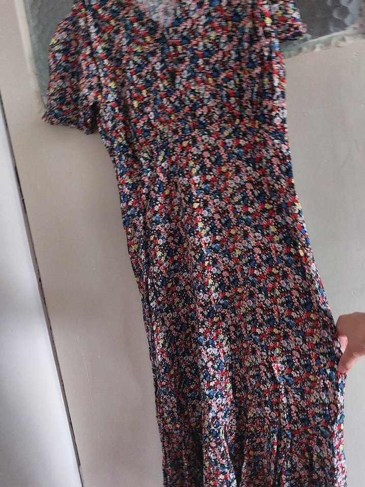 V Yaka Kısa Kollu Bohem Uzun Elbise - Görsel 5