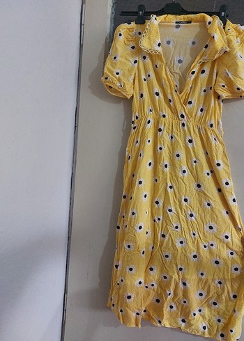 Sarı Uzun Kolay Kesim V Yaka Elbise - Görsel 5