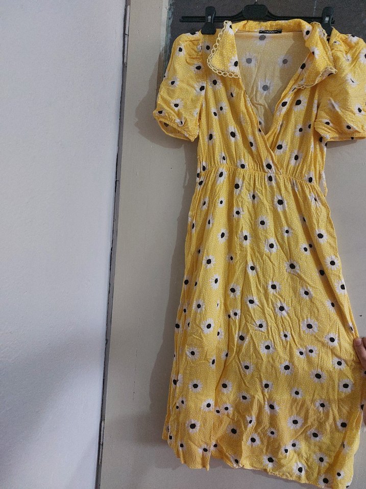 Sarı Uzun Kolay Kesim V Yaka Elbise - Görsel 5