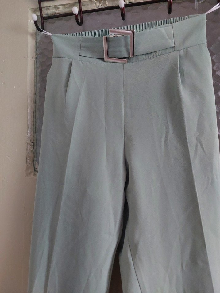 su yeşili Midi Kumaş Kadın Pantolon - Görsel 3