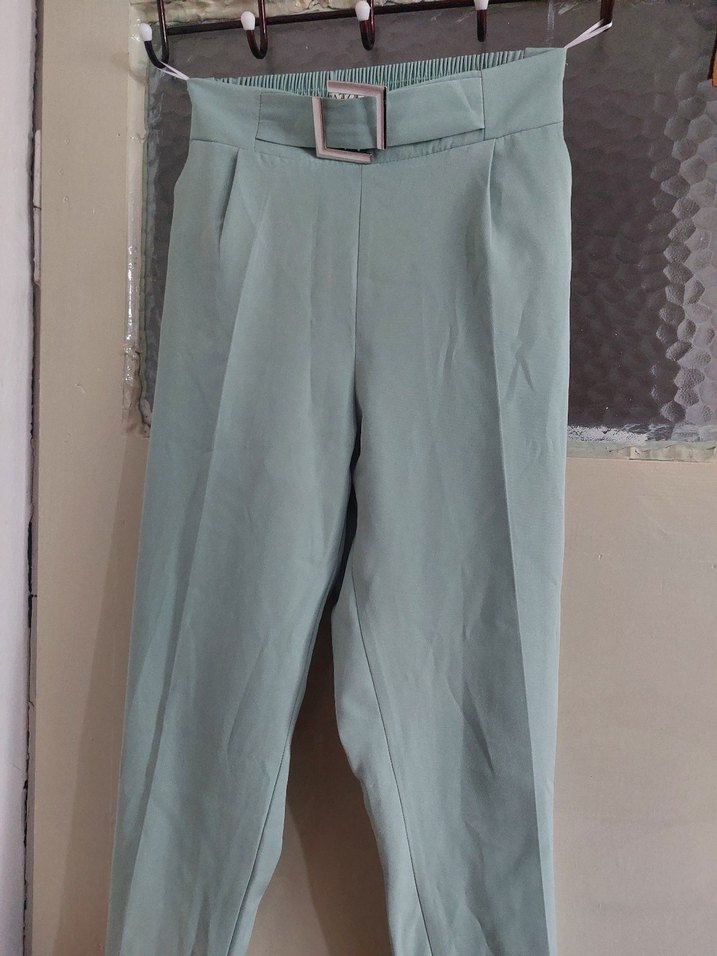 su yeşili Midi Kumaş Kadın Pantolon - Görsel 5