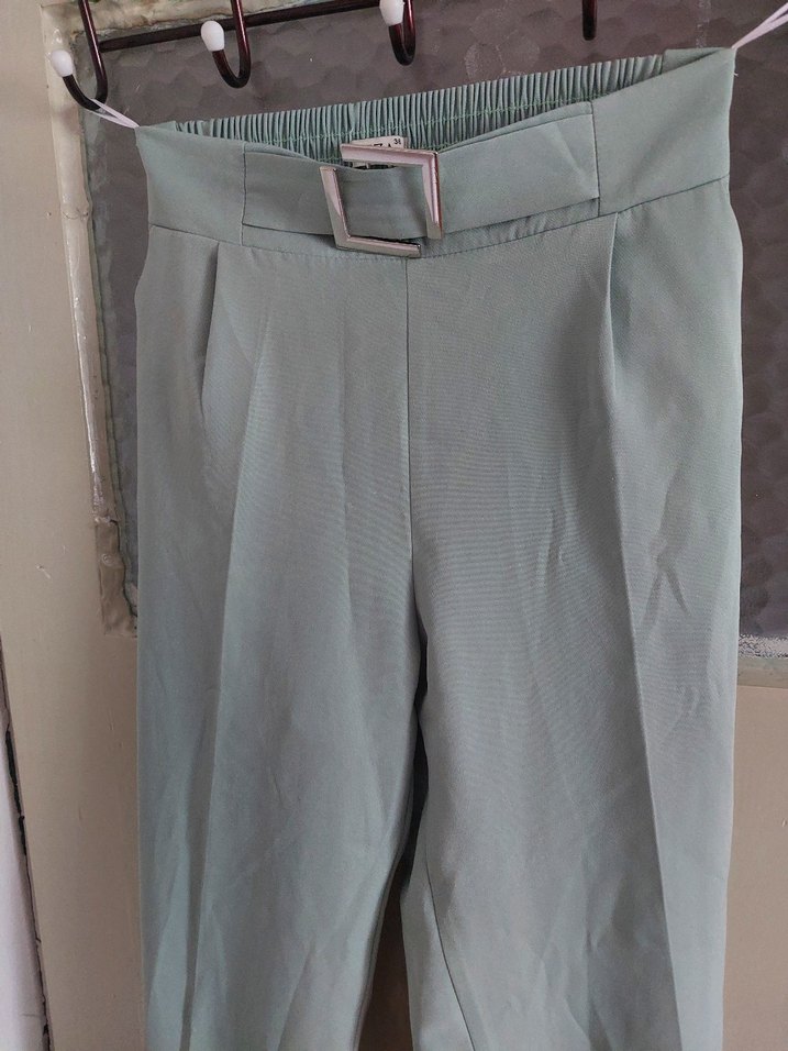 su yeşili Midi Kumaş Kadın Pantolon - Görsel 4