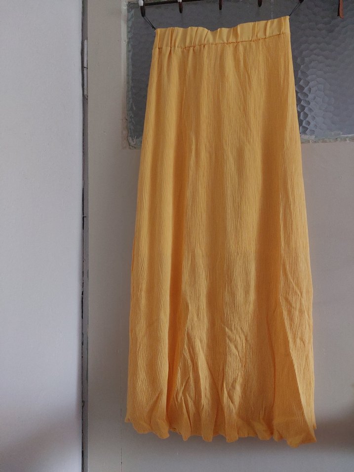 Sarı Pilili Uzun Keten Etek astarlı - Görsel 3