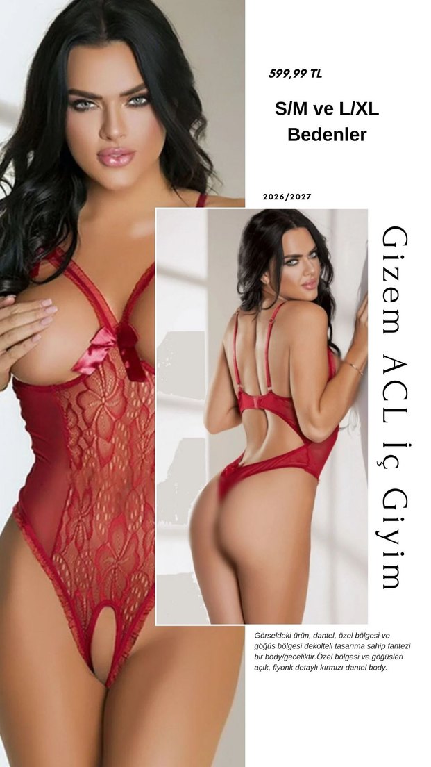 Kırmızı dantel İşlemeli özel bölgesi ve göğüs kısmı açık - Görsel 2