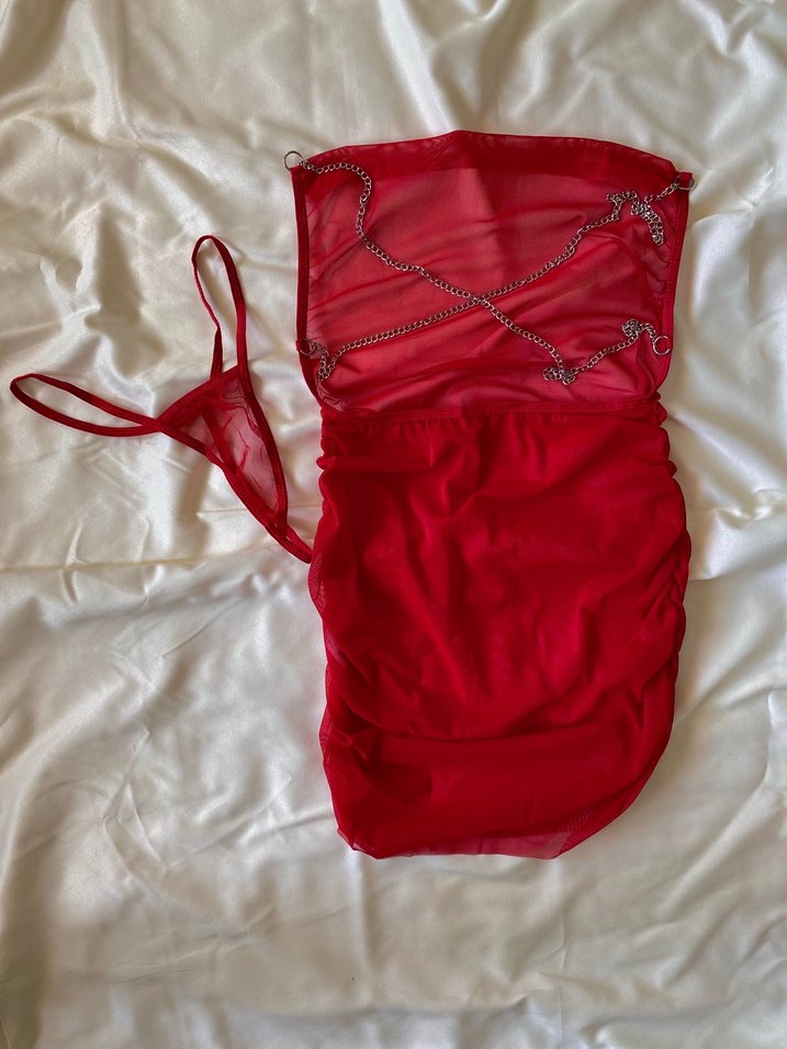 Kırmızı Transparan Mini Fantezi Elbise 
 Son L/XL beden - Görsel 2