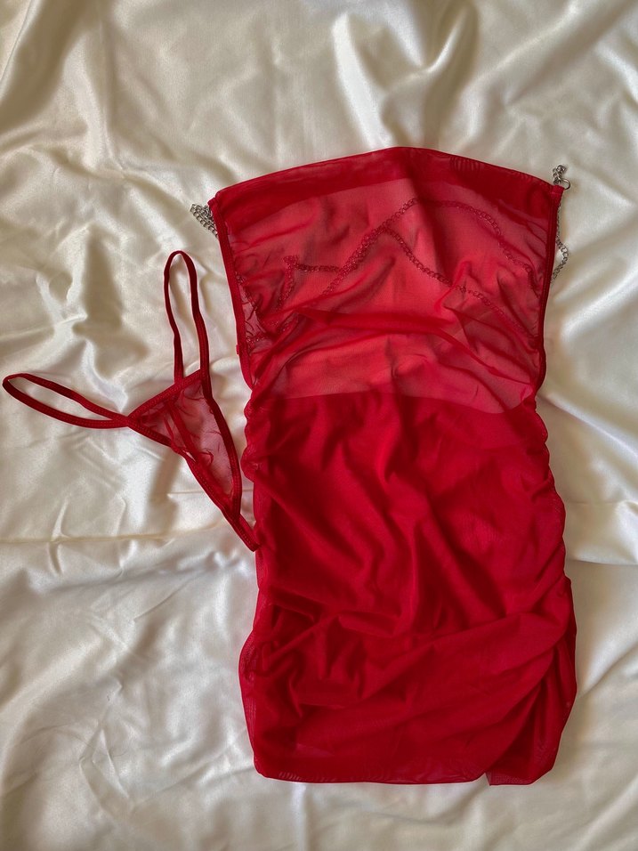 Kırmızı Transparan Mini Fantezi Elbise 
 Son L/XL beden - Görsel 3