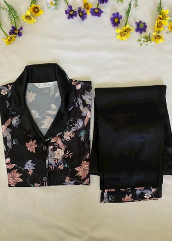 Diğer Çiçek Desenli Uzun Kollu siyah Kadın Pijama Takımı