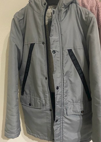 Gri Kışlık Kapüşonlu içi tüylü Mont - Görsel 6