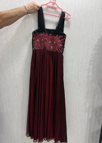 Bordo Nakışlı Uzun Abiye Elbise - Görsel 2
