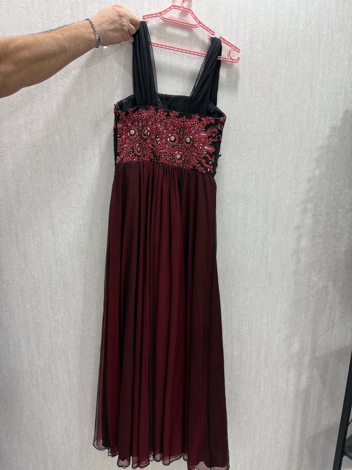 Bordo Nakışlı Uzun Abiye Elbise - Görsel 2