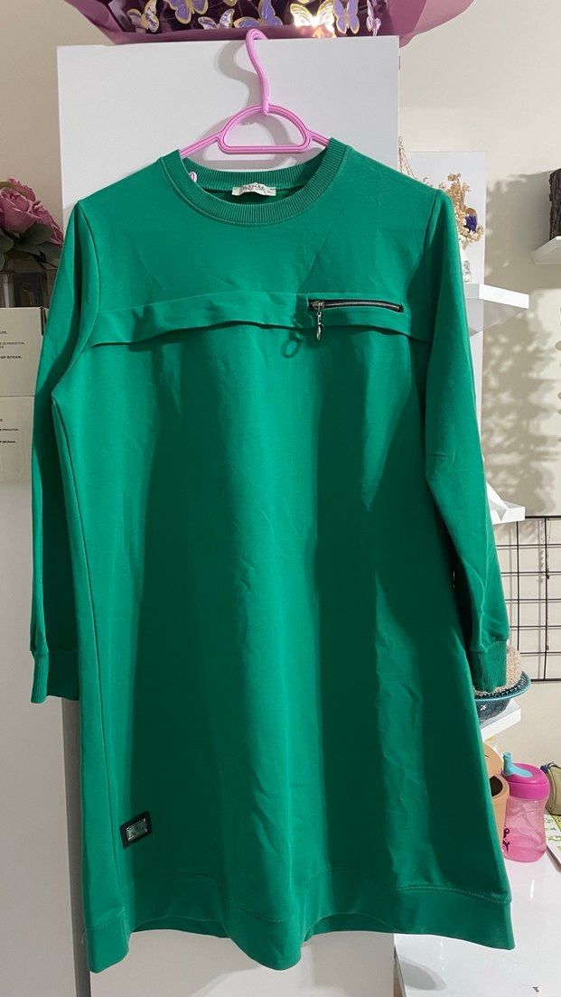 Yeşil Fermuarlı Uzun Kollu Salaş Tunik - Görsel 2