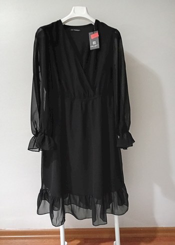 Siyah V Yaka Uzun Kollu Volanlı Elbise xxl - Görsel 4