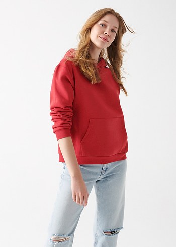 Kırmızı Kapüşonlu Kadın Sweatshirt - Görsel 7