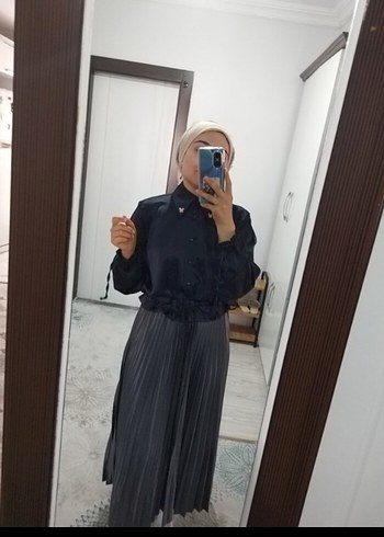 40 Beden siyah Renk Siyah Mini Saten Gömlek, Uzun Kollu, Düğmeli