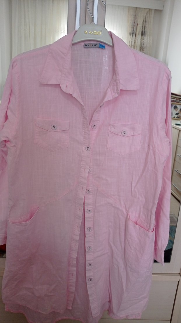 Pembe Kadın Keten Gömlek tunik - Görsel 2